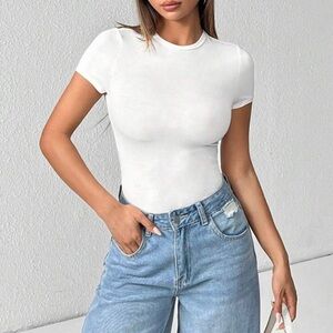 Classic Everyday Basic White Women's Bodysuit- Shein